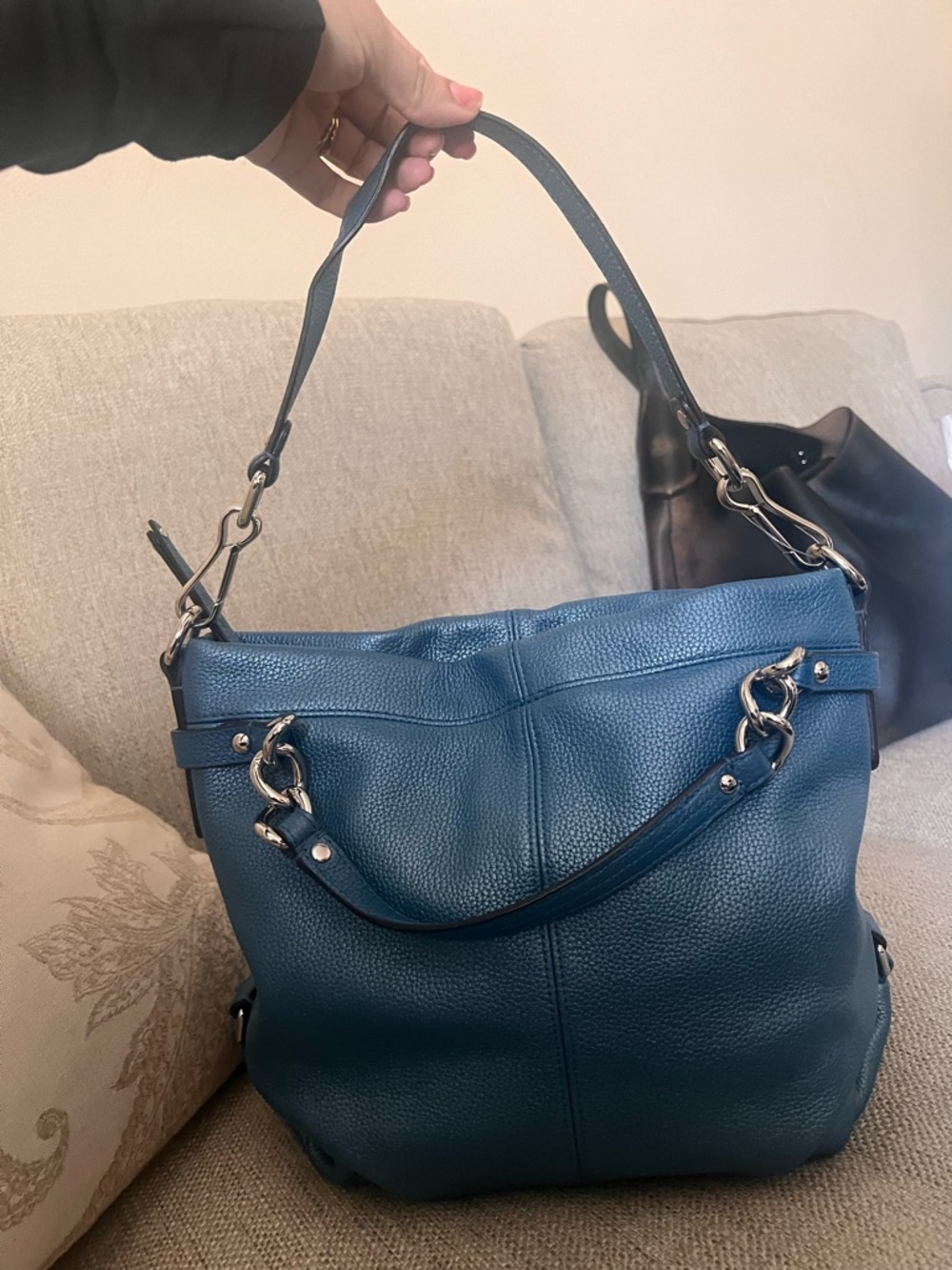 Coach Teal Pebbled Leather Shoulder Bag with Chain Accents